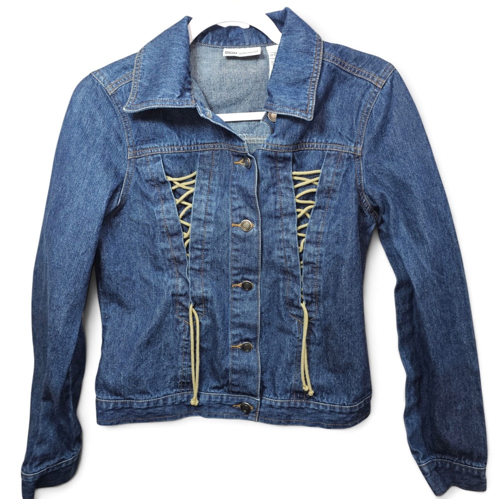 Faded Glory Denim Jacket Womens Medium Blue Excellent Lace Up Corset Dark Wash